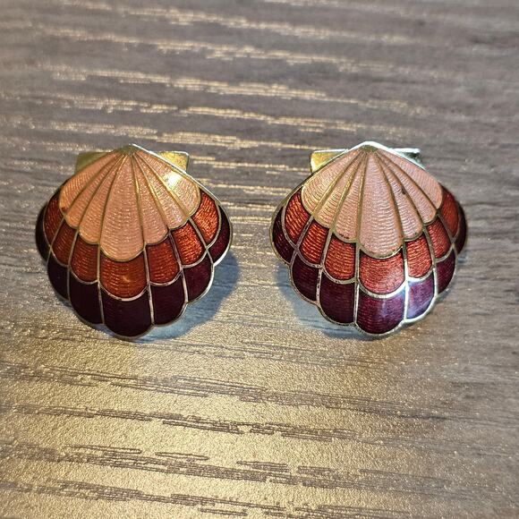 Vintage Cloisonne Seashell Earrings - Picture 1 of 5
